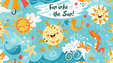 Summer time children's themed design illustration with paintings of the sun and beach atmosphere	
