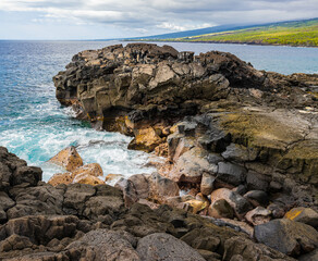 Waves Washing  Over The Volcanic Shoreline at Hokulia Shoreline Park, Hawaii Island, Hawaii, USA