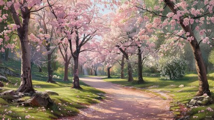 Naklejka premium Beautiful Cherry Trees in Blossom Along a Serpentine Garden Path in Spring