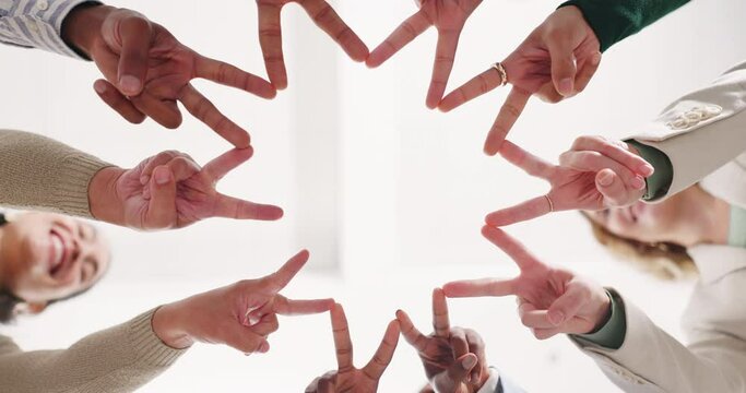Group, coworkers and hands with team building, circle and peace sign for collaboration. Businesspeople, office and diversity with trust, mission and partnership for recruitment or hiring with company