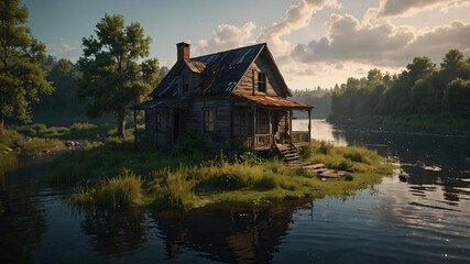 Fototapeta premium A house with a porch and a lake in the background