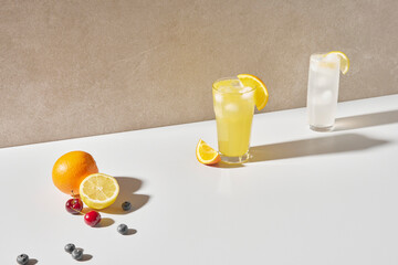 Colorful color background. Refreshing and fresh
oranges, lemons and other fruits full of vitamins.