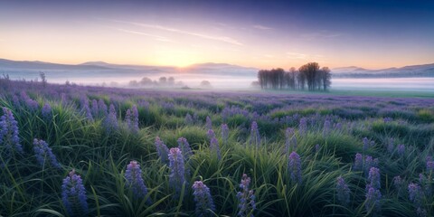 Beautiful early morning in the hilly countryside with flowers blooming