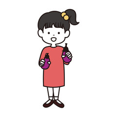 有機野菜のナスを持っているピンク色のワンピースを着た小学生の女の子の全身カラーイラスト素材