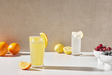 Colorful color background. Refreshing and fresh
oranges, lemons and other fruits full of vitamins.