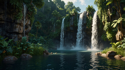 Fototapeta premium A beautiful waterfall surrounded by lush green trees and plants