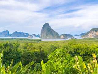 Landscape view of Phang-Nga Bay from Samet Nangshe viewpoint in Thailand. Scenic landscape view of Andaman sea and  green mangrove forests.