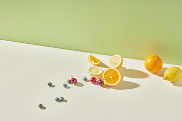 Colorful color background. Refreshing and fresh
oranges, lemons and other fruits full of vitamins.