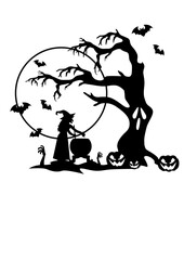 Halloween Scene Illustration, Witchcraft Stencil, Horror Ghost Town Clipart, Halloween Shirt Cut File, Spooky Vector, Witch, Scary Pumpkin