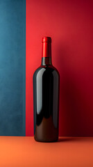 Glass bottle of red wine with a red cap on a red and blue background