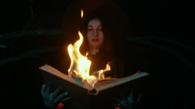 Evil witch performing witchcraft with burning book. Mystical woman smiling while doing magic in forest at night. She is looking at flames in dark.