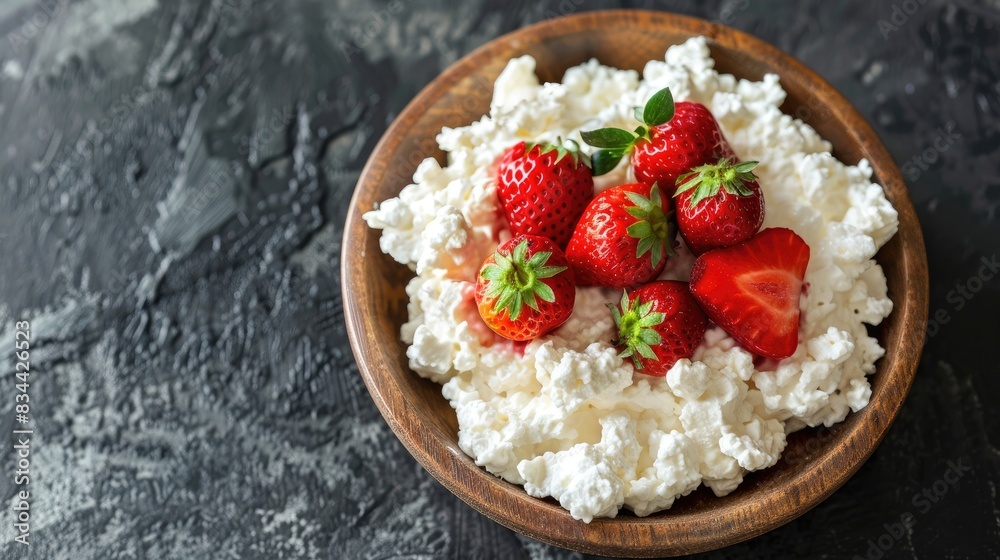 Sticker wooden plate of homemade cottage cheese topped with strawberries on a dark textured surface close up