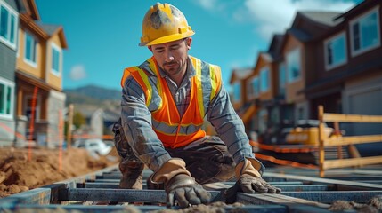 Safety at Work: A construction worker in high-visibility orange vest, hard hat, work gloves, and steel-toed boots diligently setting up a frame.  the essence of safety and precision in construction