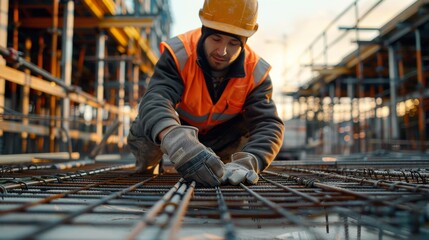 Safety at Work: A construction worker in high-visibility orange vest, hard hat, work gloves, and steel-toed boots diligently setting up a frame.  the essence of safety and precision in construction