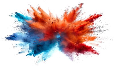 Dynamic Explosion of Vibrant Red and Blue Powder Colors on a White Background, Capturing the Energy and Movement of Colorful Dust in a High-Speed Photography Shot