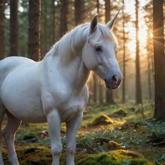 Fototapeta premium a white horse standing in the woods with the sun shining