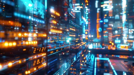 Fototapeta premium Abstract cityscape featuring vibrant neon lights and digital displays, representing futuristic urban technology and modern city life.