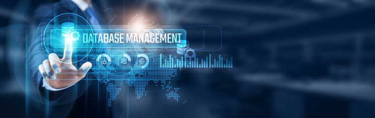 Businessman touching DATABASE MANAGEMENT network connection, data STORAGE and RETRIEVAL, SECURITY and INTEGRITY concept. DATABASE ADMINISTRATION and ANALYTICS are crucial components in this digital.