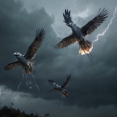 Fototapeta premium a three birds flying in the sky with a lightning bolt