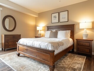 tBedroom with Tufted Bed and Wooden Furniture
