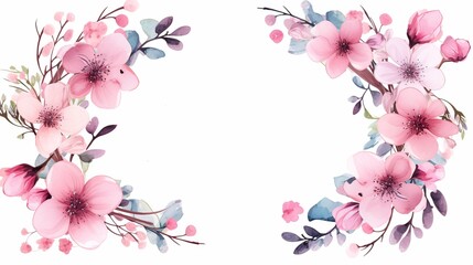 Elegant floral frame with pink and white flowers and leaves, perfect for invitations, greeting cards, or decorative designs.