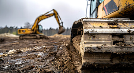 Fototapeta premium Excavator working at construction site with dirt and debris. visible wear marks, industrial work environment, excavator action, construction project, earthy tones, industrial scene, excavator action