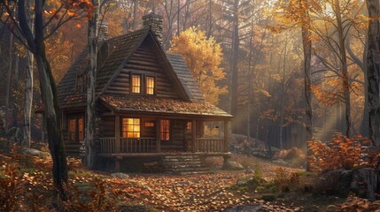 Cozy wooden cabin in a serene autumn forest with warm lights illuminating the rustic retreat in a tranquil, scenic, and natural setting.