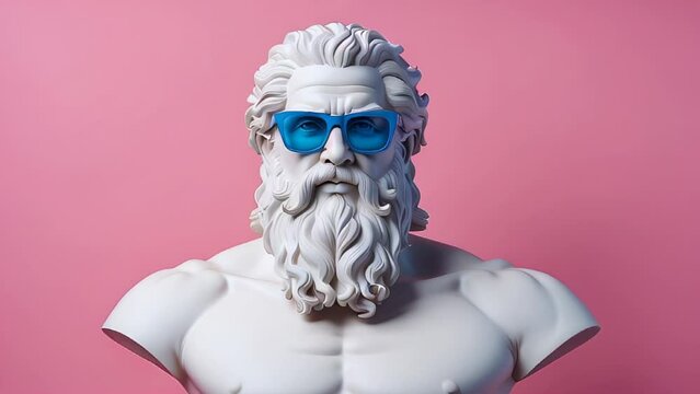 A close-up shot of an ancient Greek statue wearing blue sunglasses against a pink background
