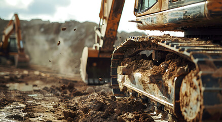 Fototapeta premium Excavator working at construction site with dirt and debris. visible wear marks, industrial work environment, excavator action, construction project, earthy tones, industrial scene, excavator action