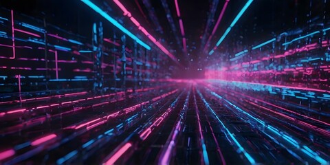 Fototapeta premium Abstract background with orange pink blue glowing neon lines and bokeh lights. Data transfer concept. Digital wallpaper.