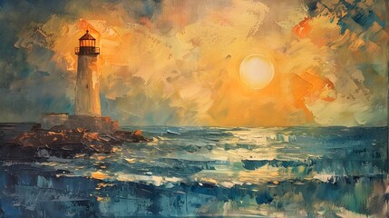 Beacon of Serenity: Oil Painting of a Lighthouse Against Wavy Ocean Waters During Sunset, Capturing the Tranquil Beauty and Dynamic Power of the Sea