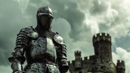 Medieval knight in shining armor stands proudly against a cloudy sky backdrop, with an ancient castle looming in the background.