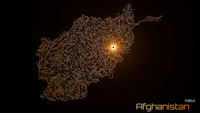 Afghanistan, with its capital city of Kabul, is represented as a microchip with a central processing unit. A technological representation of the country's outline. Dark background.