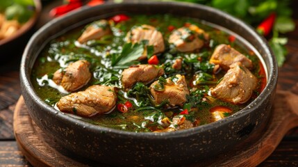Top view of green curry from Thailand isolated on a white background showcases its vibrant colors and enticing presentation