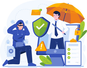 Cyber Insurance Illustration. A Male Insurance Agent Protects Data Information Against Cybercrime Risks From a Hacker