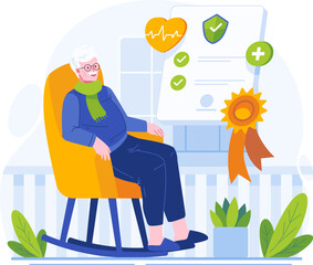 An Elderly Man Sitting in a Rocking Chair is cheerful and confident because he has insurance. Senior Life Insurance Illustration