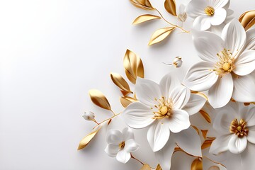 White flowers with golden leaves on white background. White and golden luxury 3d floral background