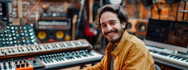 Fototapeta premium Aspiring Young Music Producer Smiles Amid Recording Studio Gear