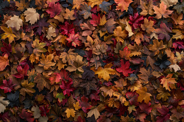 A thick layer of autumn leaves in various stages of color change, filling the entire frame. The leaves exhibit rich hues of red, orange, yellow, and brown.