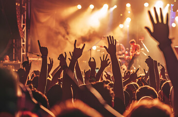 Crowd enjoying a music concert with vibrant stage lights for live entertainment and festival...