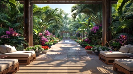 Fototapeta premium Luxury Resort Garden Filled with Exotic Flowers Concept Tranquil and Beautiful Setting for Perfect Summer Vacation.