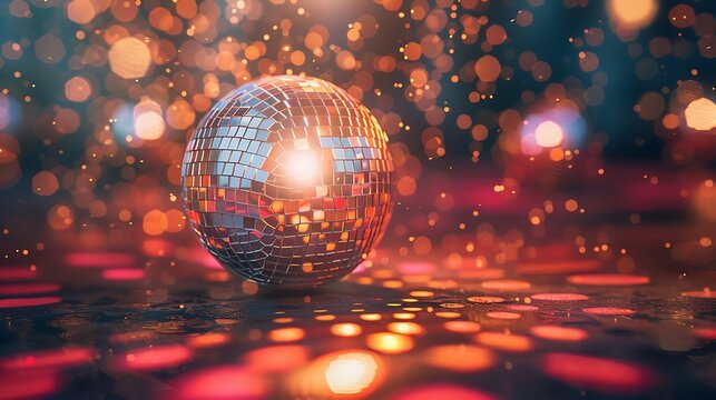 Party background with neon lights, disco balls, and a central banner space. Energetic and vibrant atmosphere with colorful lighting effects