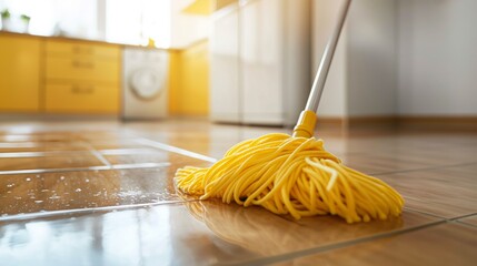 Yellow mop cleaning kitchen floor tiles in modern home.