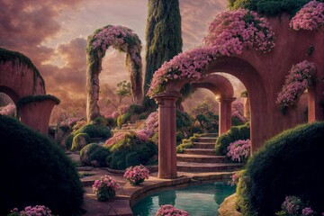 Forgotten flowering gardens of Babylon with ancient arched ruins and a waterfall in the early morning