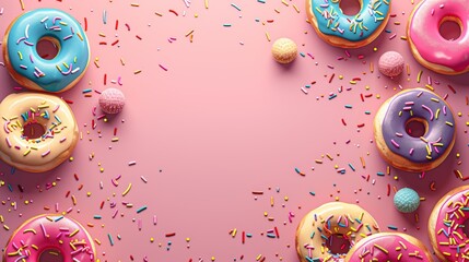 A colorful donut frame on a pink background with sprinkles.
