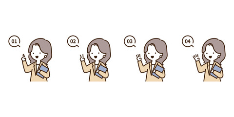 指で1234の数字を作って手順を説明するファイルを持ったスーツ姿の女性