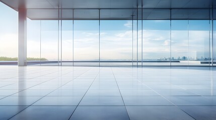 Empty Modern Glass and Steel Commercial Building Exterior with Cityscape View