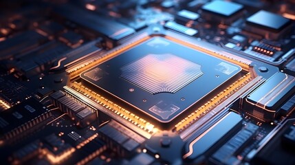 Futuristic Digital Nanotechnology Cryptocurrency Processor with Intricate Glowing Metallic Circuit Board