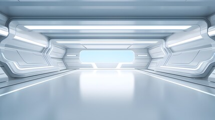 Futuristic Empty Showroom or Spaceship Interior with Minimalist Design and Architectural Features