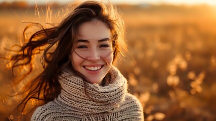 Smiling woman in a cozy sweater in a field at sunset